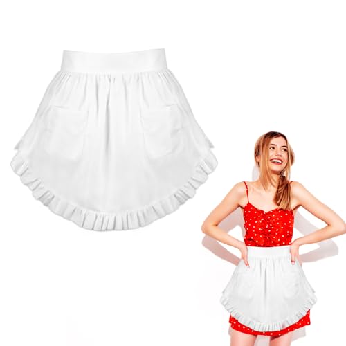Tablier à la taille pour Daacmen avec poches - Tablier blanc vintage à volants - Demi-tablier rétro pour nettoyage de cuisine - Costume de serveuse pour la...