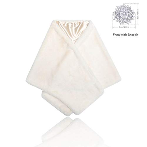 Ursumy Wedding Shawl Faux Fur Wraps Bridal Fur Stole Fur Scarf with Rhinestones Brooch for Bride and Bridesmaids (Beige)2