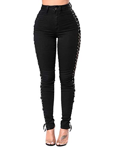 xxxiticat Women's Gothic Black Denim Pants Push Up Tight Hollow Out Side Lace Up Bandage Cross Pencil Jeans Trousers2