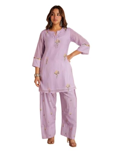 Image of ANNI Designer Farshi Salwar Suit for Women Viscose Embroidered | Co Ord Set for Woman | Straight Kurta Palazzo Outfit Round Neck V Slit 3 /4 Sleeve Ethnic Dress Womens Clothing