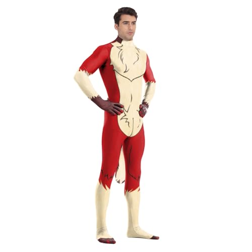 Image of Animal Full Bodysuit for Men Muscle Spandex Jumpsuit Furry Costume with Big Tail for Adult Cosplay Halloween Party