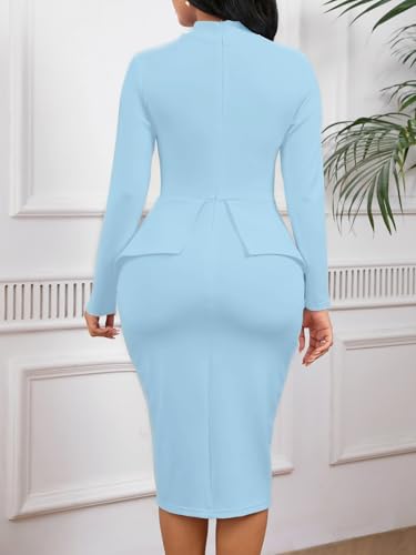 Image of WanMem Women Formal Bodycon Peplum Cocktail Dress Short Sleeve Bow Ruffle Pencil Party Midi Dresses