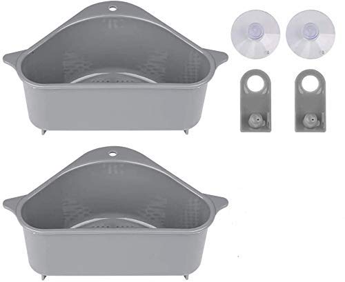 ONPRIX Sink Drain Shelf Triangular Sink Basket Storage Rack Sucker, Sink Sponge Holder for Kitchen Bathroom Sink Corner Hanging Basket Plastic (Gray)