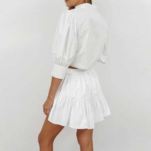 Women's Office Work 2 Piece Skirt Sets Button Puff Sleeves Tops Matching Ruffles Mini Skirt2