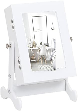Desktop Mirror Jewelry Cabinet Organizer, Small Adjustable Jewelry Stand, White Portable Countertop Organizer for Storage Rings, Earrings, Bracelets