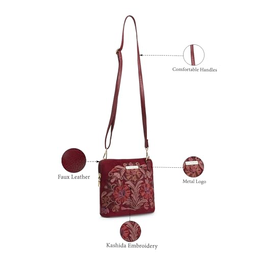 Image of Caprese Siji Tresana Small Crossbody Bag for Women | Kashida Embroidery Sling with Adjustable & Detachable Strap, Secured Zip Closure | Stylish & Spacious Handbag for Everyday Use & Travel