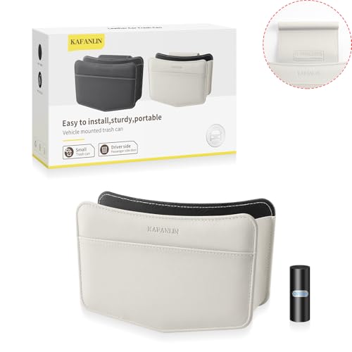 Image of Car Trash Can Small Leather Vehicle Trash Bin Car Dustbin Garbage Organizer Holder with Trash Bag Foldable Mini Cars Storage Bag Container for Auto SUV Van Trucks (White,Glovebox Hanging)