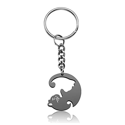 Jovivi 2Pcs Stainless Steel Couples Keychains Black White Cat Puzzle Piece Matching Couple Keychain Set Yin Yang Matching Puzzle Keychain His & Her Lover Gift #TOP2