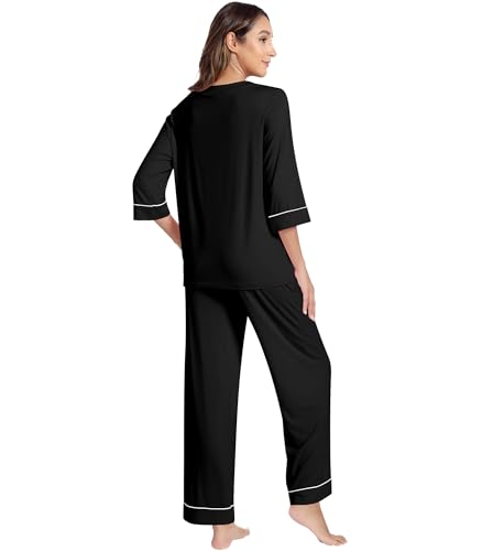 NACHILA Women's Pajamas Set 3/4 Sleeves Pjs V Neck Sleepwear Soft Loungewear with Wide Leg Pants, Viscose Made from Bamboo2