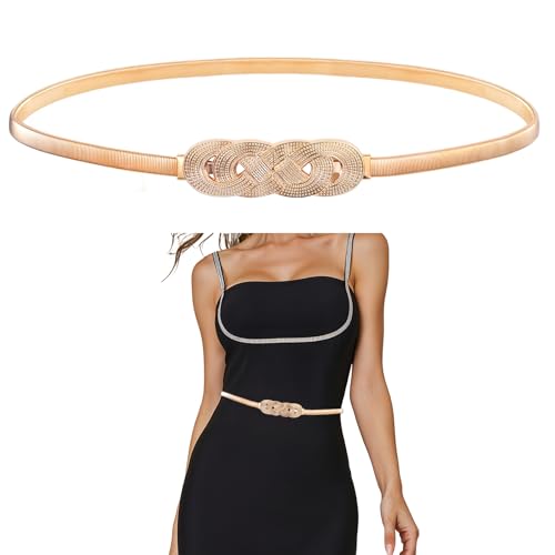 Gold Belt for Women Dress, Ladies Gold Waist Belt Skinny Fancy Womens Metal Stretch Elastic Skinny Thin Belts