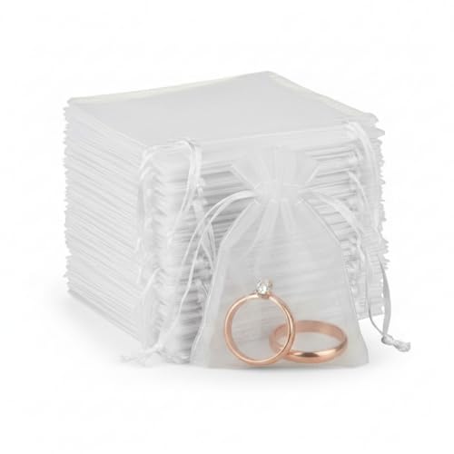 Image of Sukh 100 White Organza Bags 3''x4'' - Small Organza Sachet Jewelry Gift Favor Bags Drawstring Mesh Bags Valentines Wedding Eid Mubarak Halloween Eve Christmas New Year Party Candy Fruit Wrap Bulk