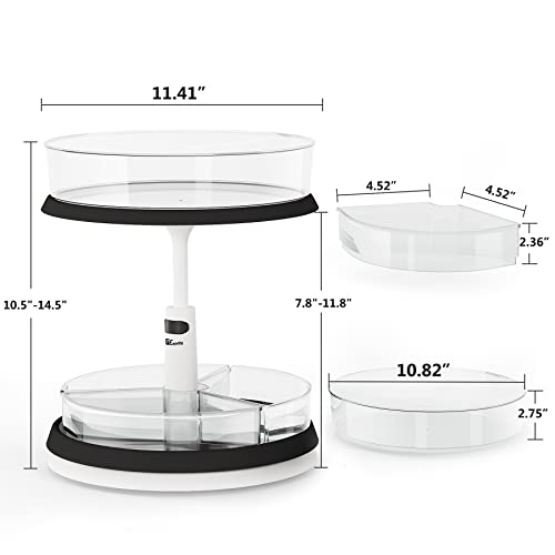 2 Tier Lazy Susan Organizer Spice Rack Organizer for Cabinet, 11 Inches Turntable and Height Adjustable Kitchen Cabinet Organizer with 1x Large Bin and 3 x Divided Bins for Pantry Bathroom Organizer