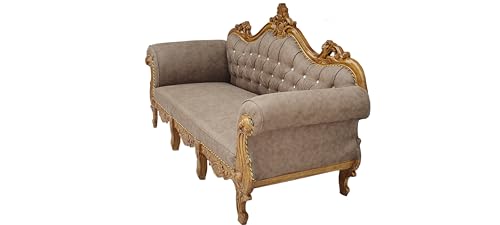 Image of Wooden 5 Seater Sofa Set | 3+ 1+1 Solid Wood Hand-Carved Brown Sofa with Gold Finish | Traditional Design Furniture for Living Room | Home | Office