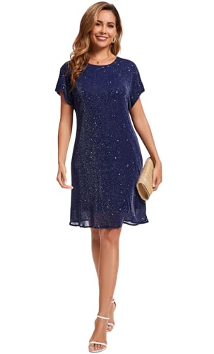 Image of Women's Crewneck Sequin Shift Dress Short Sleeve Casual Holiday Sparkly Party Dress