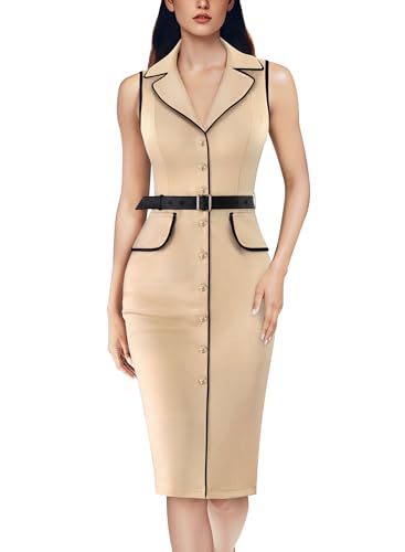 Image of VFSHOW Womens Professional Work Business Casual Office Belted Elegant Lapel V Neck Buttons Fitted Pencil Sheath Dress