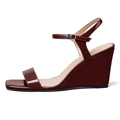 Soireelady Womens Wedges Heeled Sandals Square Toe Ankle Buckle One Strip Sandals2