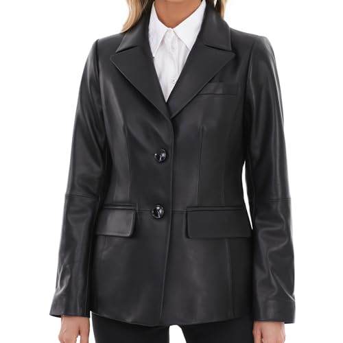 Lambskin Leather Jacket Women,Long Sleeve Button Front Leather Blazer,Notched Lapel Casual Style,Vent Detail2