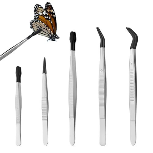5Stück Pinzetten,Pinzette Basteln,Pinzetten Set,Präzisionspinzette,Bastelpinzette,Edelstahl Präzisionsinstrumente,Mit Gummispitze Werkzeug Für Reparatur Und Gute Arbeit,Taxidermie und Feinste Arbeiten