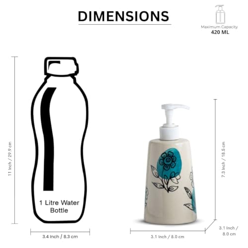 Image of ExclusiveLane 'Aqua Bloom' Hand-Painted Ceramic Bathroom Accessories Set of 2 (Liquid Soap Dispenser for Wash Basin, Paste & Toothbrush Holder) |Handwash Dispenser |Bathroom Organiser Set