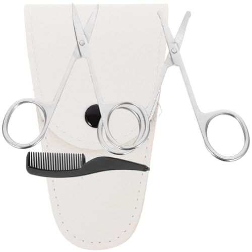 jojofuny Juego de 4 Tijeras para Barba y Bigote Acero Inoxidable Incluye Tijeras Puntiagudas y Redondas Peine Pequeño y Estuche de Cuero Blanco Kit de Precisión para Cuidado Personal