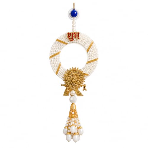 Image of eCraftIndia Shubh Labh Door Hanging Set of 2 | Handmade Pearl Beaded Toran with Golden Krishna Motif & Tassels | Decorative Wall Hanging for Main Door, Entrance, Pooja Room & Festive Decor