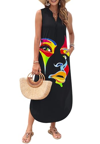 Image of AUSELILY Womens Summer Casual Maxi Dresses 2026 Sleeveless Long Beach Dresses V Neck Loose Sundresses with Side Split Pockets