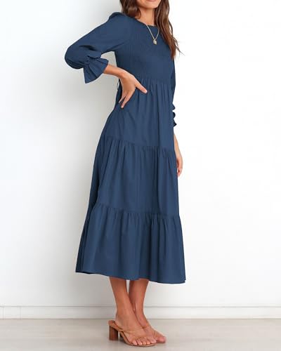 BTFBM Women Casual Long Sleeve Dress Fall Dresses 2025 Solid Color Relaxed Fit Smocked Tiered Flowy Boho Long Dresses(Solid Dark Blue,X-Large) — view 4