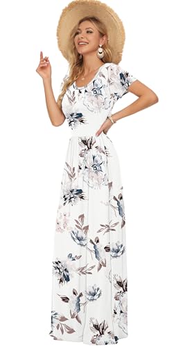 Image of AUSELILY Women's Summer Short Sleeve Loose Plain Casual Long Maxi Dresses | Year Round wear solid floral print, Casual wear, Empire waist, Floor length, Side pockets