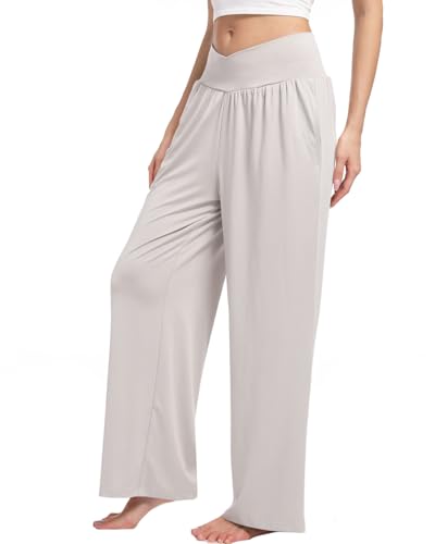 3 Pack Women's Wide Leg Pants Crossover with Pockets High Waist Loose Sweatpants Casual Lounge Yoga Workout Palazzo4