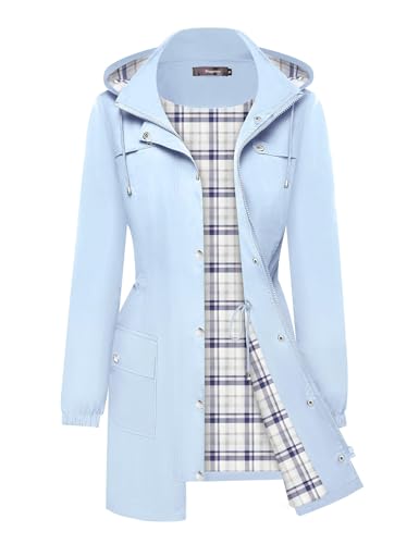 Bloggerlove Chaqueta impermeable para mujer, ligera, larga para exteriores, cortavientos con forro a cuadros, gabardina con capucha, tallas S-XXL, Forro azul claro a cuadros, Large