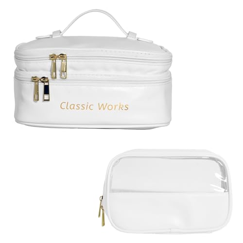 VNIMTI Makeup Bag for Women, Double Layer Travel Toiletry Bag Set, Large Cosmetic Organizer with Small Toiletry Bag, Portable Makeup Pouch with Brush Slot And Divider, PU Leather, White