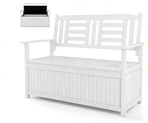KOMFOTTEU Banco Arcón de Jardín de 2 Plazas, Banco Exterior de Madera Maciza con Almacenamiento 185 L, Baúl Contenedor con Reposabrazos y Respaldo, Carga 250 kg, 123 x 68,5 x 96 cm (Blanco)