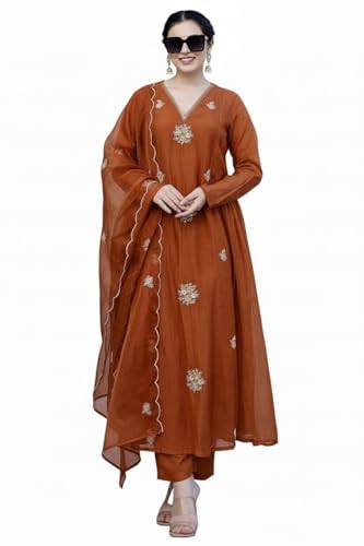 Image of Nermosa Women Embroidery Solid Anarkali Kurta and Pant Set with Dupatta