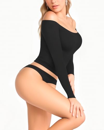 MANGOPOP Off The Shoulder Tops for Women Sexy Long Sleeve T Shirt Slim Fitted Tee Casual Blouse Going Out Tops3