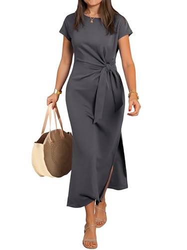 ANRABESS Womens Summer Maxi Dress Casual Crew Neck Tie Waist Split Wrinkle-Free Fit Long Fashion Vacation Dresses 2026 Spring Deep Grey Small