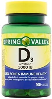 Spring Valley Vitamina D-3 Cápsulas blandas de máxima fuerza 5000 Iu Suplemento dietético, 100 unidades (paquete de 2)