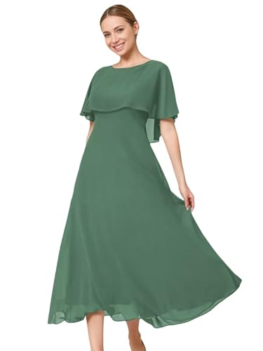 Mother of The Bride Dresses Tea Length for Women Wedding with Sleeves Chiffon Formal Dress