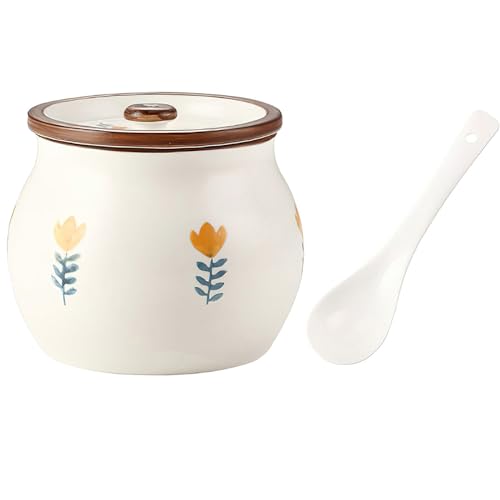 auons Ceramic Salt and Sugar Container, Porcelain Condiment Jars with Lid and Spoon, Seasoning Spice Pot Bowl, Salt Sugar Pepper Storage Jar, 600ml, Yellow Flower