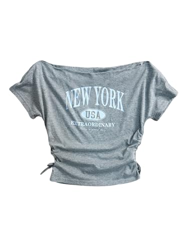 Girl's Letter Print Off The Shoulder T Shirt Short Sleeve Ruched Summer Street Crop Tops