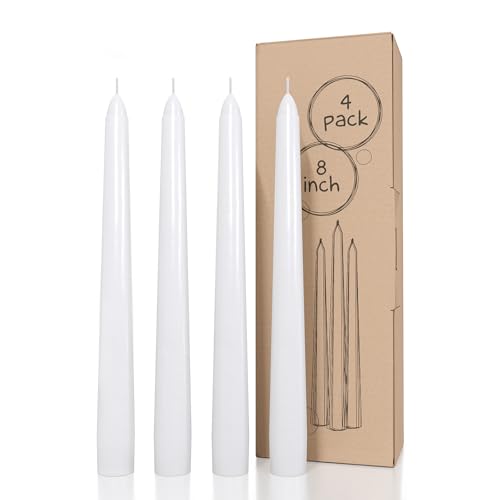 CANDWAX White Taper Candles 8 inch Dripless - Set of 4 Tapered Candles Ideal as Dinner Candle - Smokeless and Unscented Taper Candles Long Burning - Hand Poured Tall Candlesticks