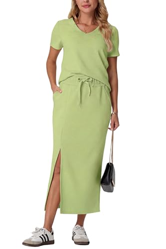 Image of GRECERELLE Women Summer Casual 2 Piece Sets V-Neck Wrinkle-Free Top & Elastic Waist Midi Side Slit Skirt with Pockets