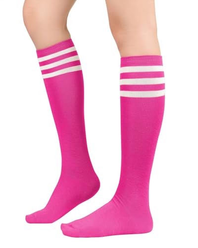 Century Star Pink Socks for Women Long Knee High - Thin Athletic Soccer Thigh High Hot Pink Socks with Three White Stripes