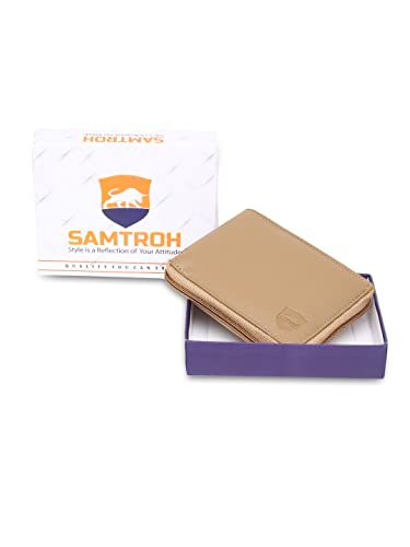 Image of SAMTROH Unisex PU Leather Zipper Round Chain Wallet | 3 Card Slots, 1 Coin Pocket, 2 Currency Compartment & 2 Secret Compartments | Zip Closure Slim Purse for Women and Men (Beige)
