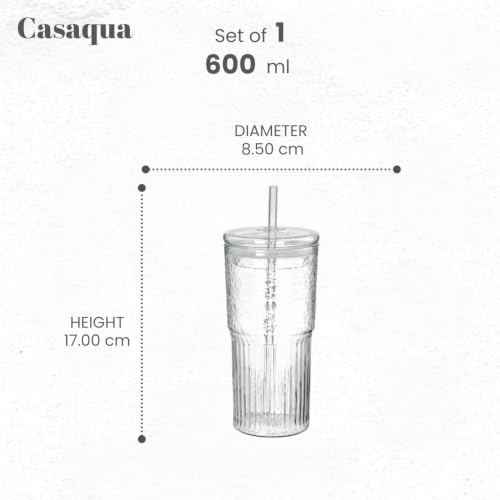 Image of Glass Tumblers with Glass Lids and Straws - 600ml, Set of 1, Stylish Vintage Ribbed Design for Iced Coffee, Juice, Smoothies, Milkshakes, Cold Beverages & Whiskey Cocktail Beer