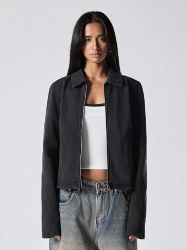 Chic Dark Grey Women's Crop Denim Jacket - Perfect for Fall & Winter! (X-Small) - Image 4