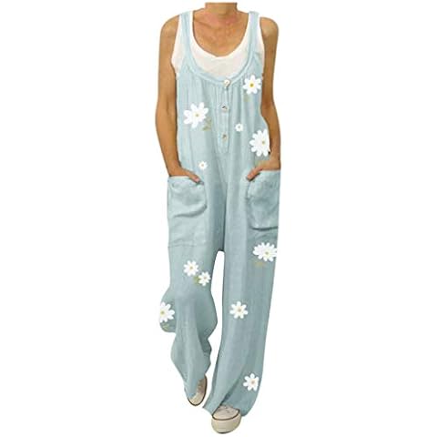 Jumpsuits Women's Boho Casual Loose Overalls Dungarees, Lulupi Ladies Daisy Print Summer Plus Size Sleeveless Jumpsuit with Pockets Wide Leg Trousers Pants Playsuit Suspender Overalls Sky Blue Cover