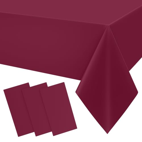 Image of Smiry Disposable Table Cloth 3 Pack, 54 x 108 Inch Waterproof Plastic Tablecloth, Decorative Rectangle Table Covers for Party, Birthday, Picnic, Wine Red