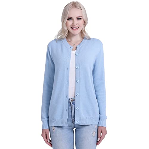 SMILING PINKER Damen Strickjacke Cardigan Basic Rundhalsausschnitt Strickmantel mit Knopf(Kentucky Blue,M)