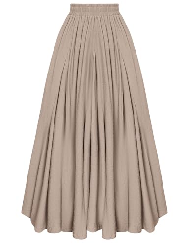 Women Elastic High Waist Swing Maxi Flowy Summer Long Skirt Khaki L