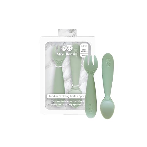 Image of ezpz Mini Utensils - 12 Months+ (Fork & Spoon in Sage) - 100% BPA Free Fork and Spoon - Toddler Utensils - Designed by a Pediatric Feeding Specialist
